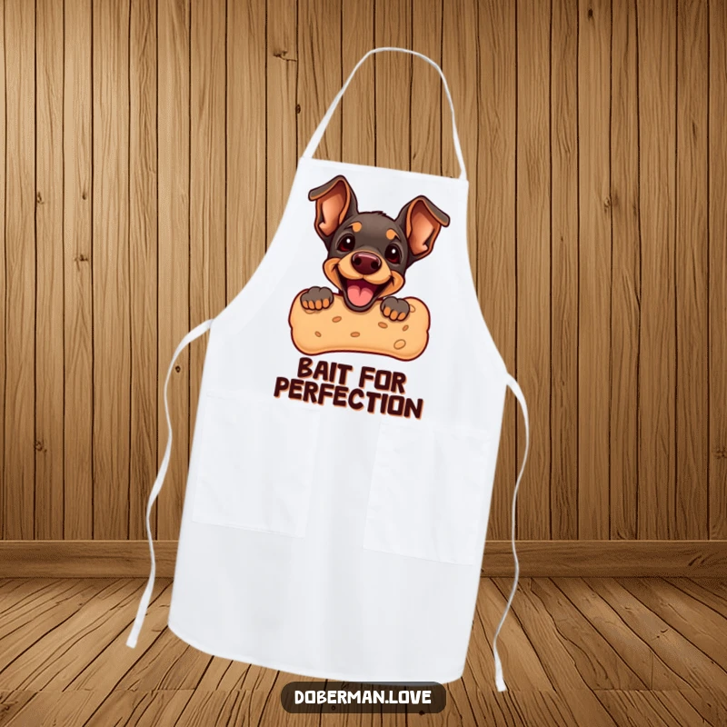 Funny Doberman Puppy Apron showcasing a cute puppy peeking from a giant dog biscuit. Practical kitchen wear with a humorous and adorable dog theme.
