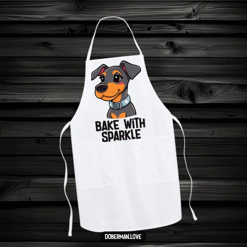 Funny doberman apron featuring a whimsical dog wearing a stylish collar that sparkles brightly, perfect for a fashionable cook.