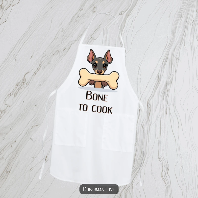 Funny Kawaii Doberman apron featuring a dog peeking from behind a large bone, perfect for fun in the kitchen.