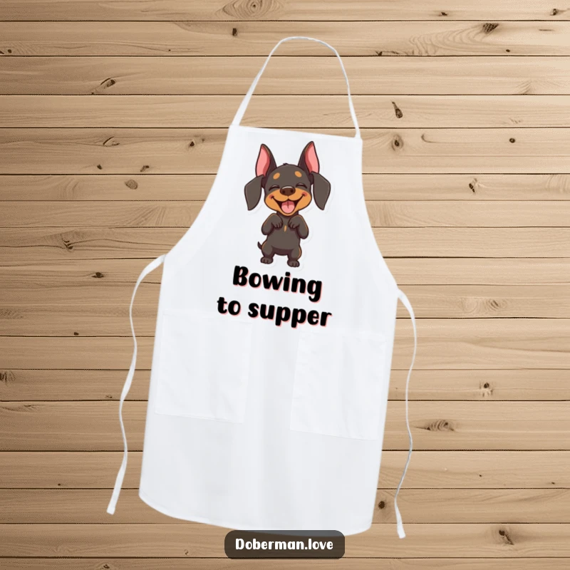 Funny Doberman apron featuring a joyful dog with closed eyes, performing a playful bow, perfect for a cheerful cook.