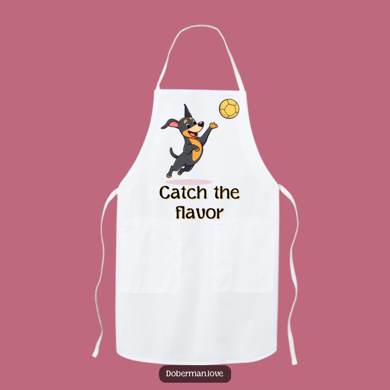 Funny Kawaii Doberman Apron, Playful Leaping Chef Dog, Catching Ball - Kitchen Fun