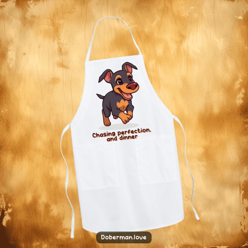 Funny Doberman Apron: Determined and friendly Doberman giving chase, humorous and practical kitchen wear.