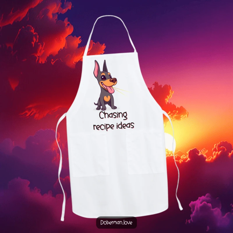 Funny Doberman apron with a delighted dog tongue out, hilariously chasing a laser pointer dot, perfect for a fun cook.