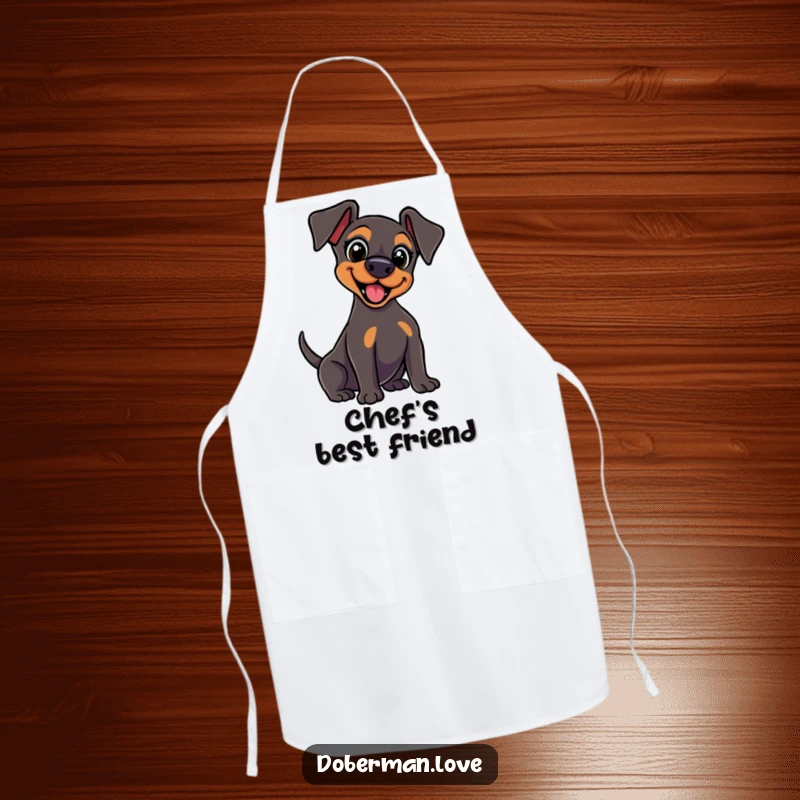 Funny kawaii Doberman apron with wide, excited eyes and a vigorously wagging tail, perfect for kitchen use and dog lovers.