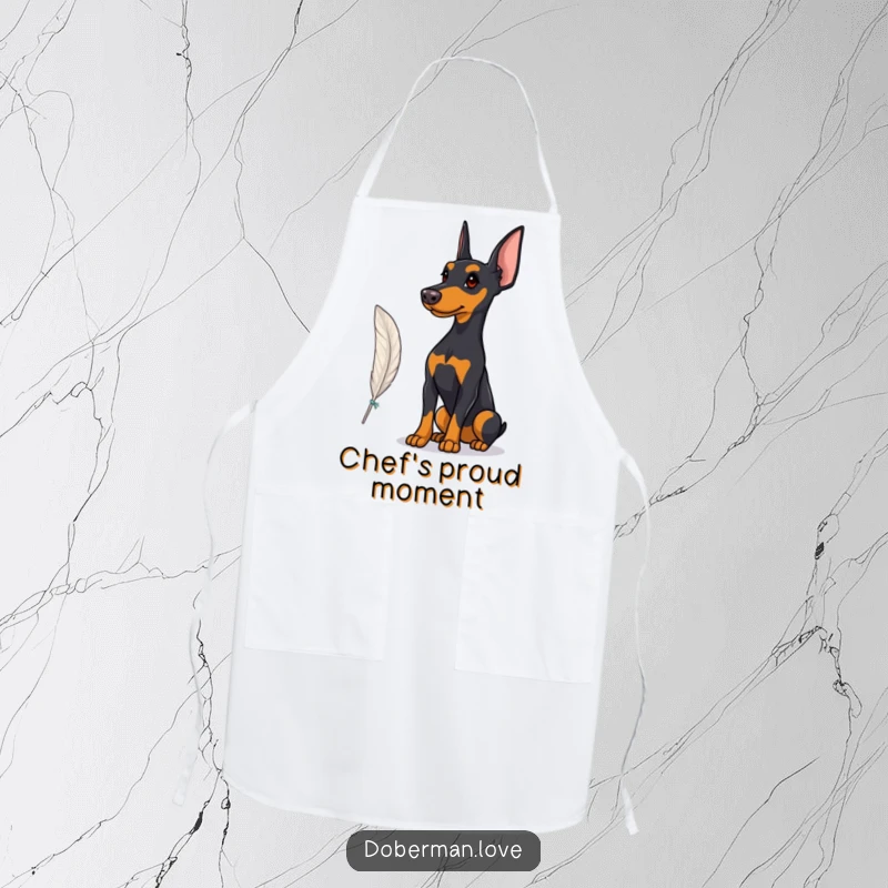 Funny Apron featuring a proud Doberman observing a fluttering feather, perfect for adding a touch of sophisticated charm to kitchen tasks.