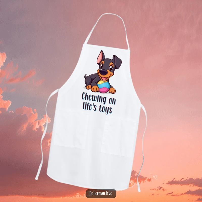 Funny Doberman Apron: Cheerful dog nudging a colorful toy, a humorous and functional kitchen accessory.