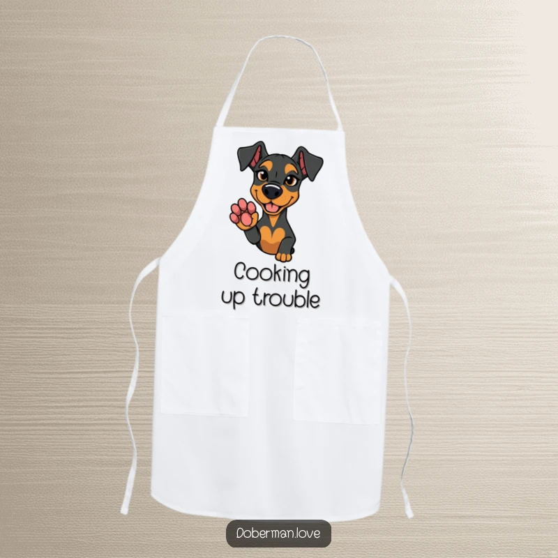 Funny apron depicting a Doberman dog with a mischievous glint, offering its paw for a playful agreement.