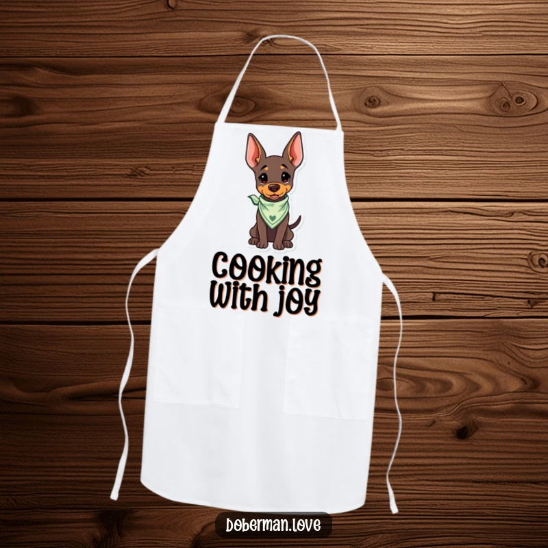 Funny Kawaii Doberman Apron with a bandana and wagging tail, for humorous kitchen wear.