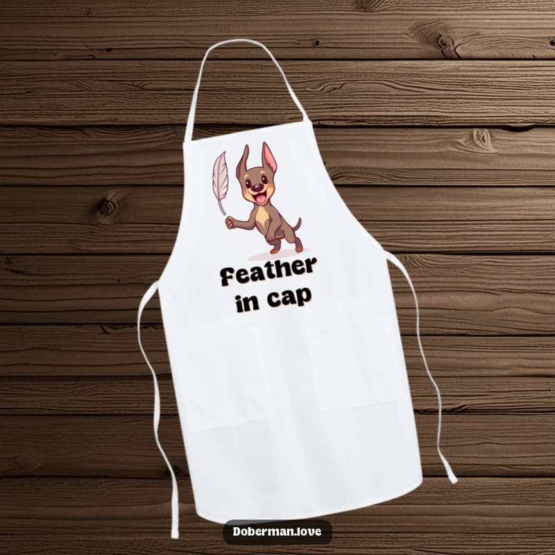 Funny Kawaii Doberman apron featuring an energetic dog leaping to catch a feather, perfect for fun in the kitchen.