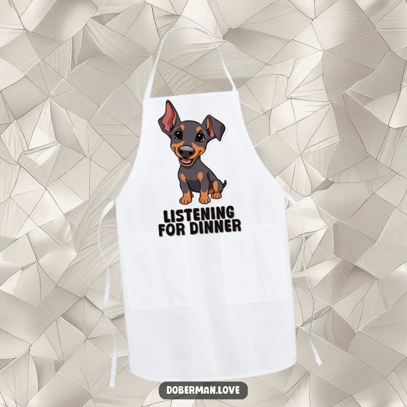 Funny Apron featuring a Doberman with perked ears, listening intently with a happy tilt, perfect for adding attentive charm to kitchen duties.