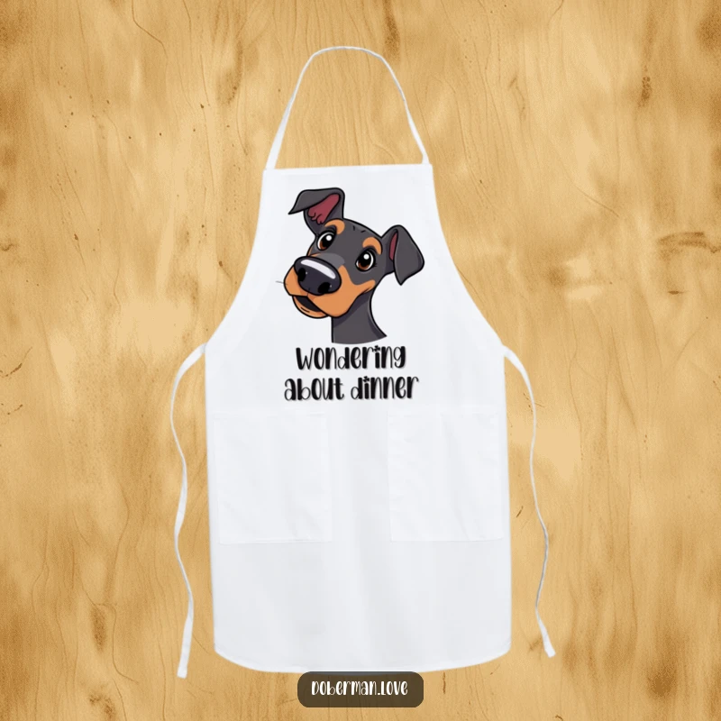 Funny apron featuring a curious Doberman dog tilting its head with an inquisitive expression.