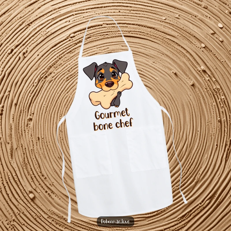 Funny Doberman Apron: Adorable kawaii dog with curious eyes sniffing a giant bone, a fun kitchen addition.