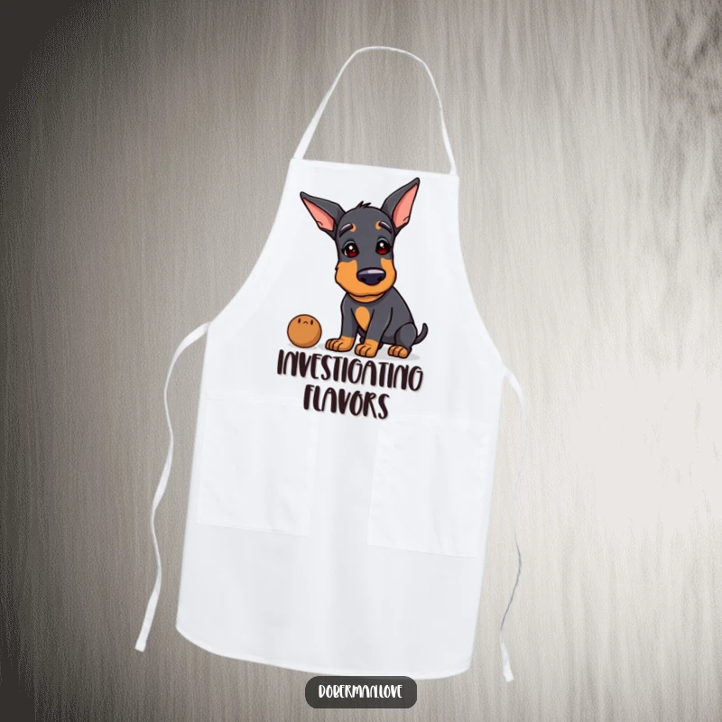 Funny Doberman apron featuring a dog tilting its head curiously while sniffing something in the kitchen, adding humor to cooking.