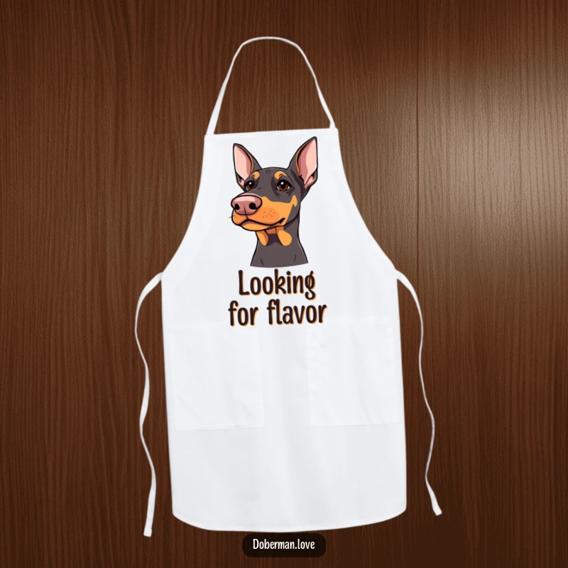 Funny Doberman Apron: Doberman with sharp but kind eyes looking upwards, humorous and practical kitchen wear.