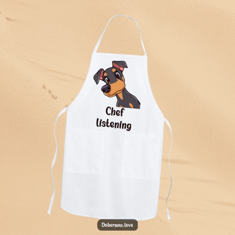 Funny Doberman apron featuring a curious dog tilting its head with attentive eyes, perfect for a fun and stylish kitchen experience.