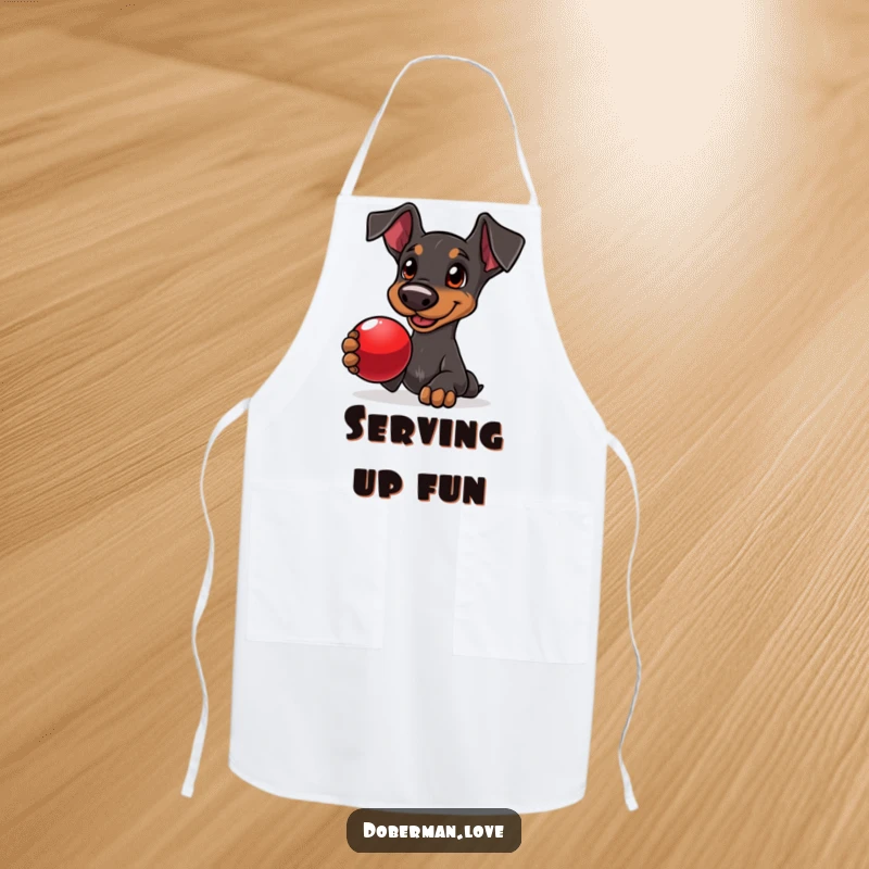 Funny Doberman apron featuring a delighted dog with adoring eyes, offering a shiny red ball, ready for action.