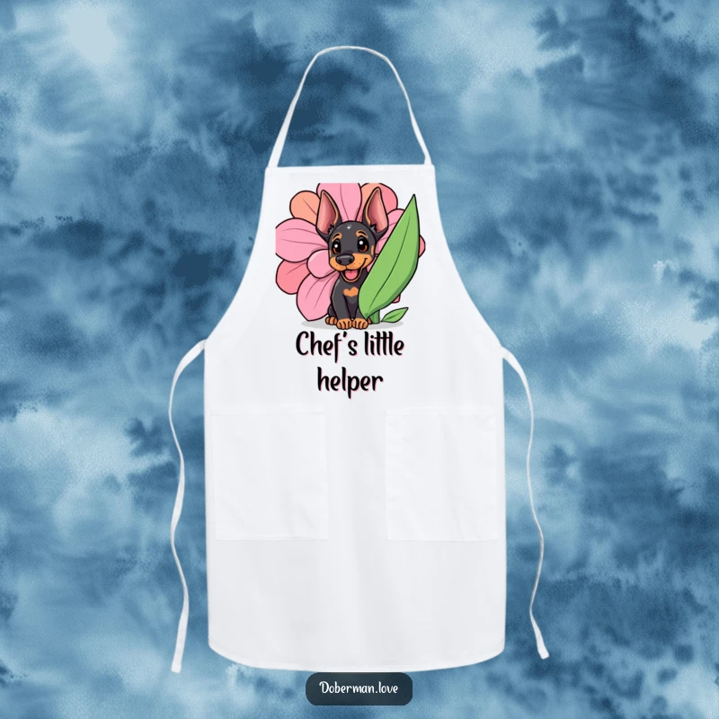 Funny Doberman cub peeking from behind a large flower, ready to help in the kitchen with a smile.