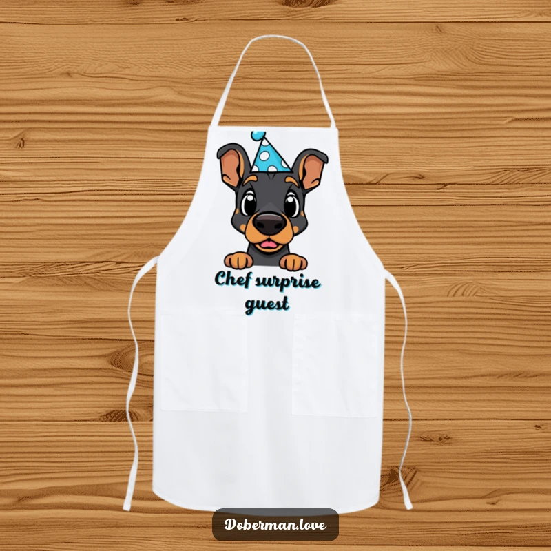 Funny Doberman Apron: Adorable kawaii dog in a silly party hat, looking surprised, perfect for a fun kitchen.