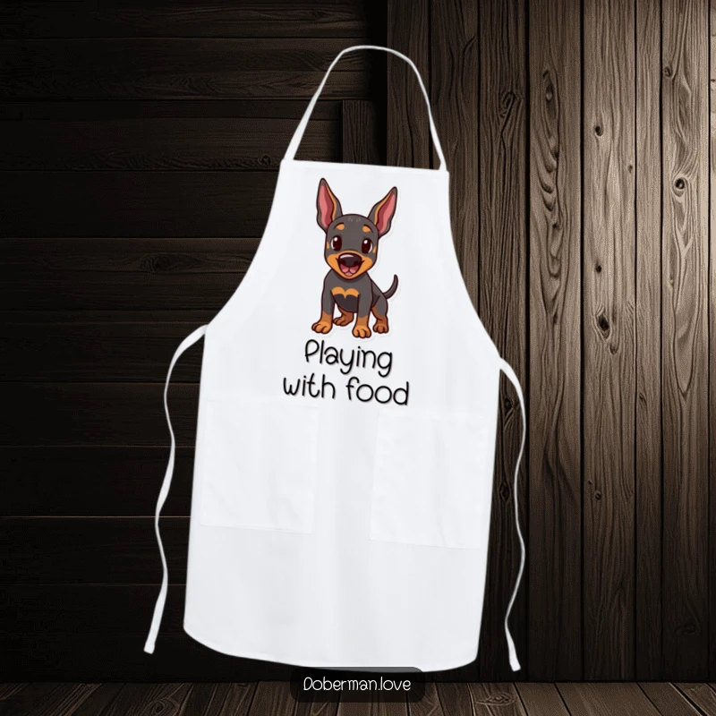 Funny apron with a Doberman dog in a playful stance, ears perked and tail wagging. Humorous kitchen wear for dog lovers.