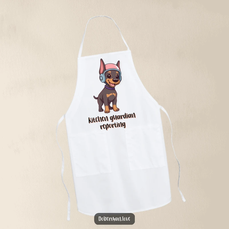 Funny Doberman puppy apron showing a cute puppy wearing a helmet, standing guard in the kitchen, a humorous and protective accessory.
