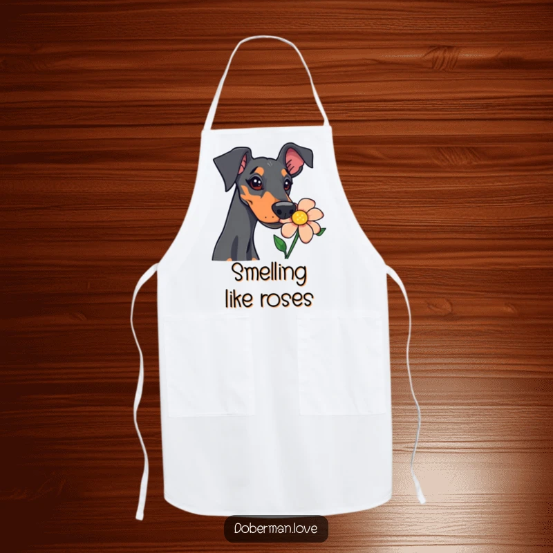 Funny doberman apron with a curious dog sniffing a colorful flower, adding humor to kitchen tasks.
