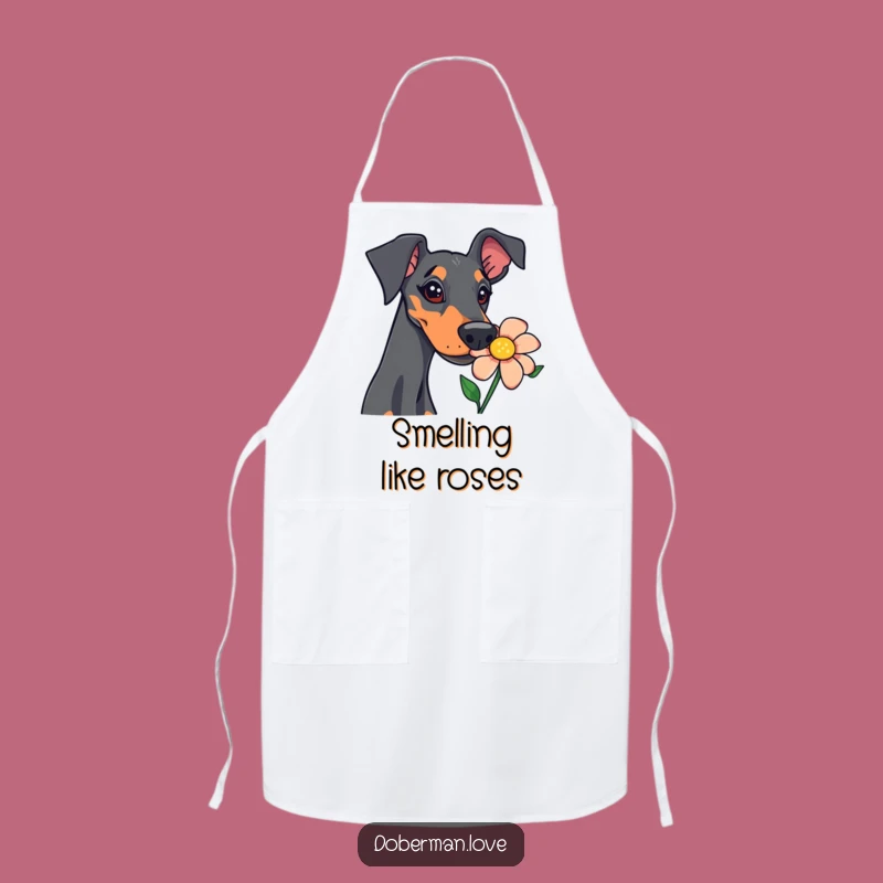Funny Doberman Sniffing Flower Apron: Cook with Canine Curiosity and Style