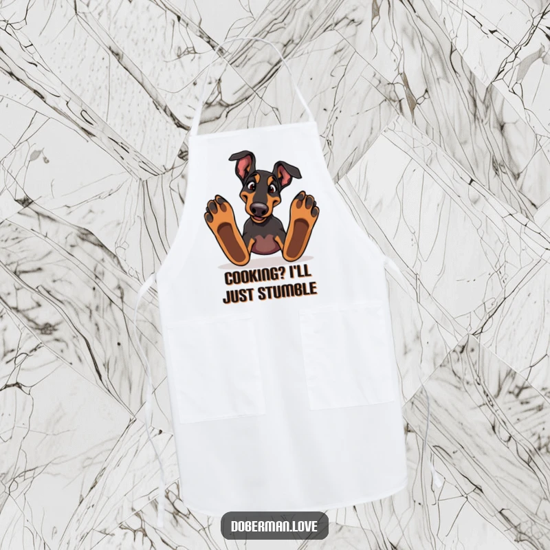 Funny Doberman dog tripping over its paws on a durable apron, great for kitchen humor and dog lovers.