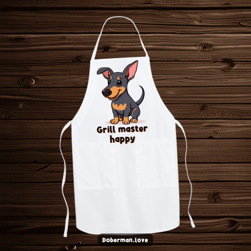 Funny Apron featuring an enthusiastic Doberman wagging its tail with a soft smile, perfect for adding happy dog charm to cooking.