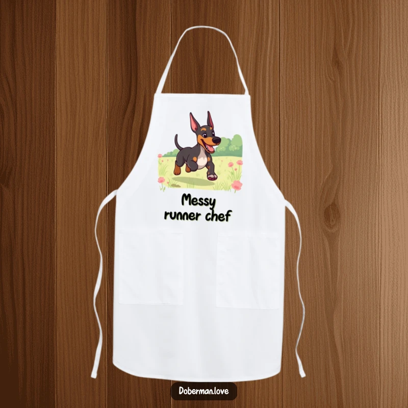 Funny apron showing a giggling Doberman with a wagging tail, running through a field, perfect for dog-loving cooks.