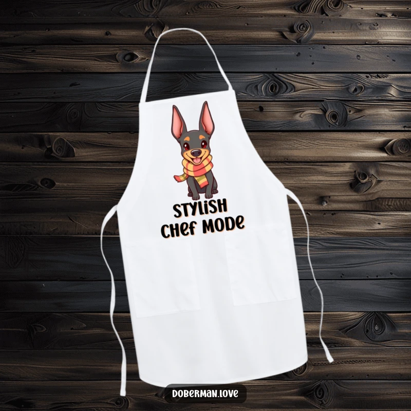Funny Doberman Apron: Adorable kawaii dog wearing a tiny scarf, looking happy, a cheerful kitchen addition.