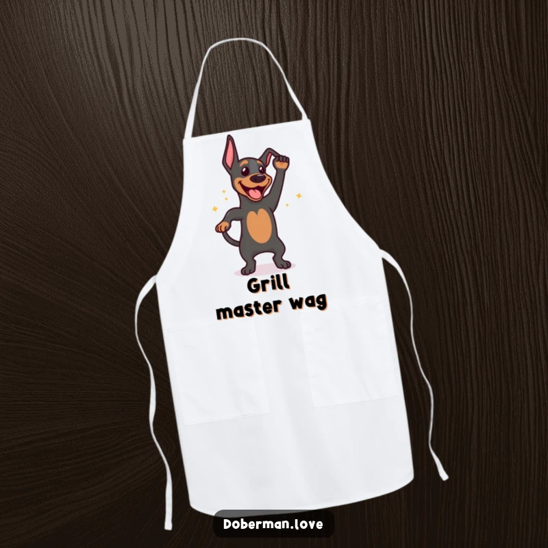 Funny apron graphic of a happy Doberman dog doing an excited tail wag dance, perfect for adding humor to cooking.