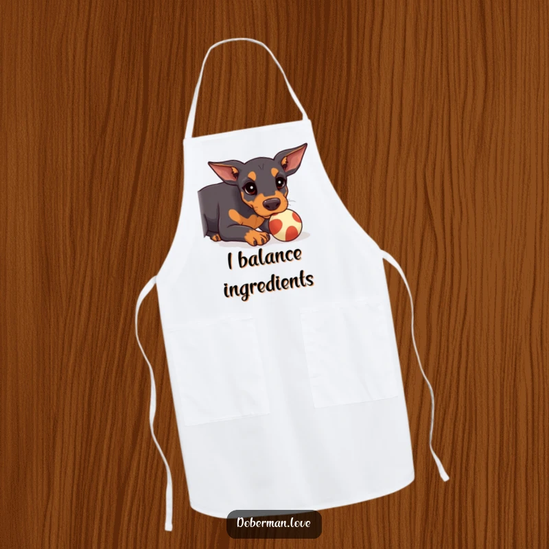 Funny Doberman Apron featuring a kawaii doberman puppy attempting to balance a small ball on its snout while cooking.