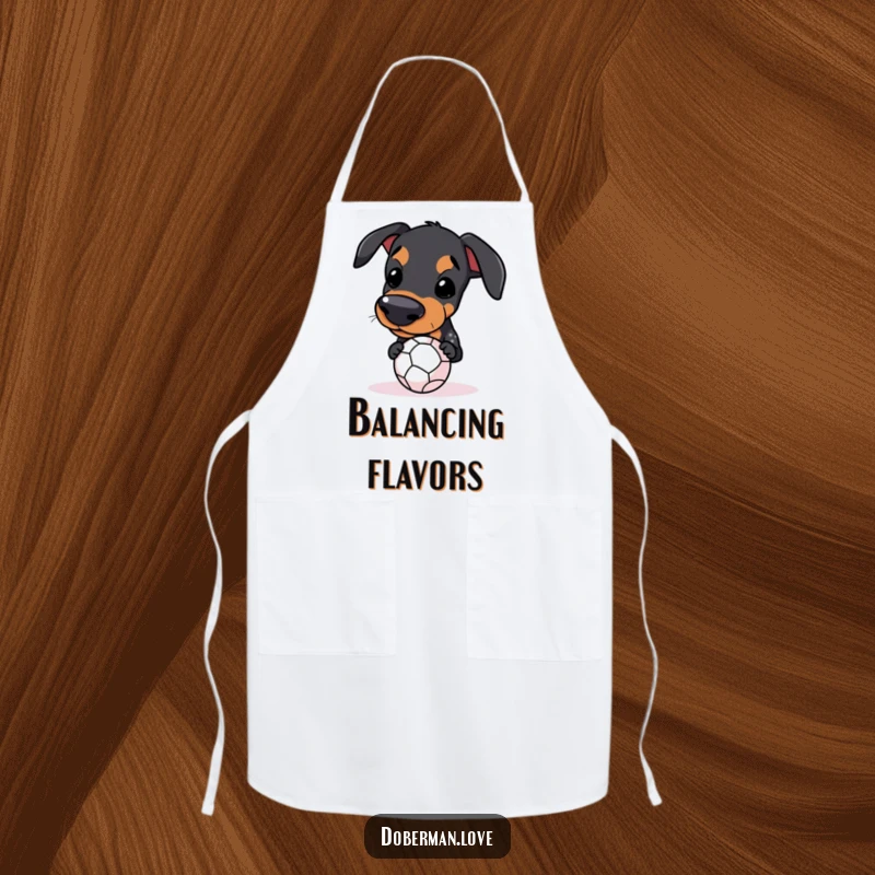 Funny Kawaii Doberman Apron showing a dog balancing a small ball on its snout, for humorous cooking.