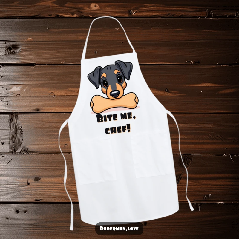 Funny Kawaii Doberman apron; a playful pup peeks from behind a large chew toy, ensuring smiles while cooking.
