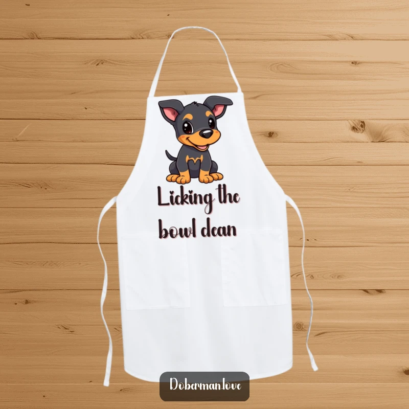 Funny Kawaii Doberman Puppy Apron: A Doberman puppy with alert ears and wagging tail, a joyful funny kitchen gift.