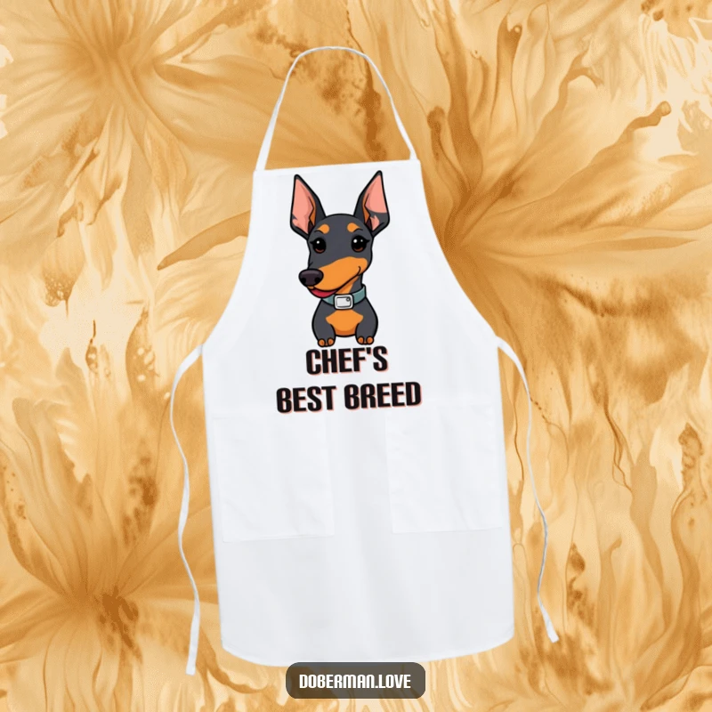 Funny Kawaii Doberman apron; a proud pup sporting a stylish collar adds a humorous touch to kitchen adventures.