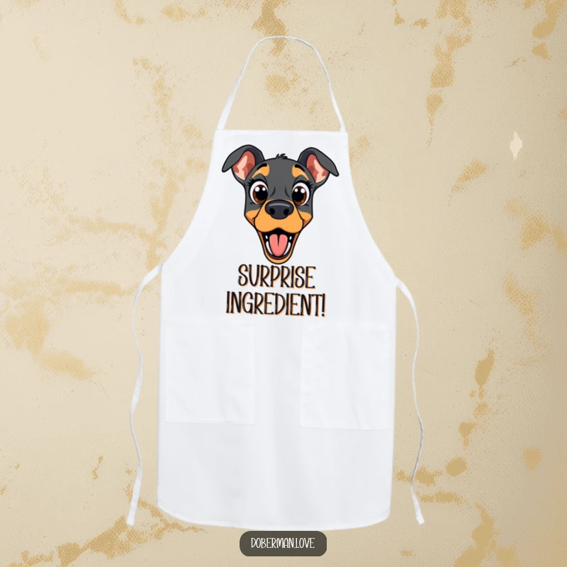 Funny doberman apron with a dog exhibiting wide eyes and an open mouth in a state of comical surprise.