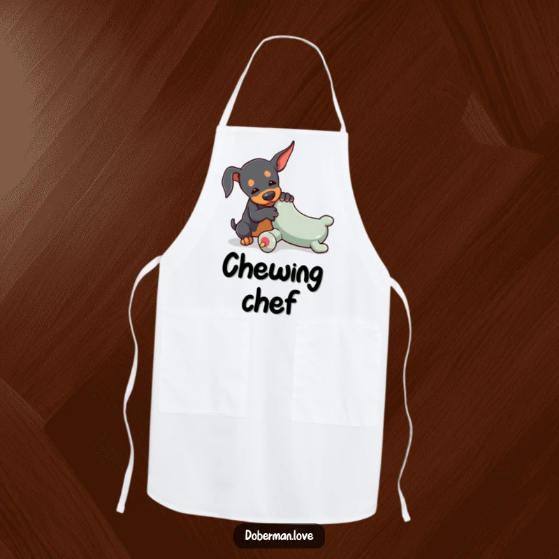 Funny Doberman apron featuring a tiny dog playfully wrestling with an oversized toy chew, perfect for a fun and spirited kitchen experience.