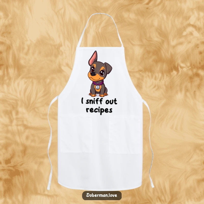 Funny Doberman Apron featuring a curious kawaii doberman puppy with a small bell collar, ready to investigate culinary creations.