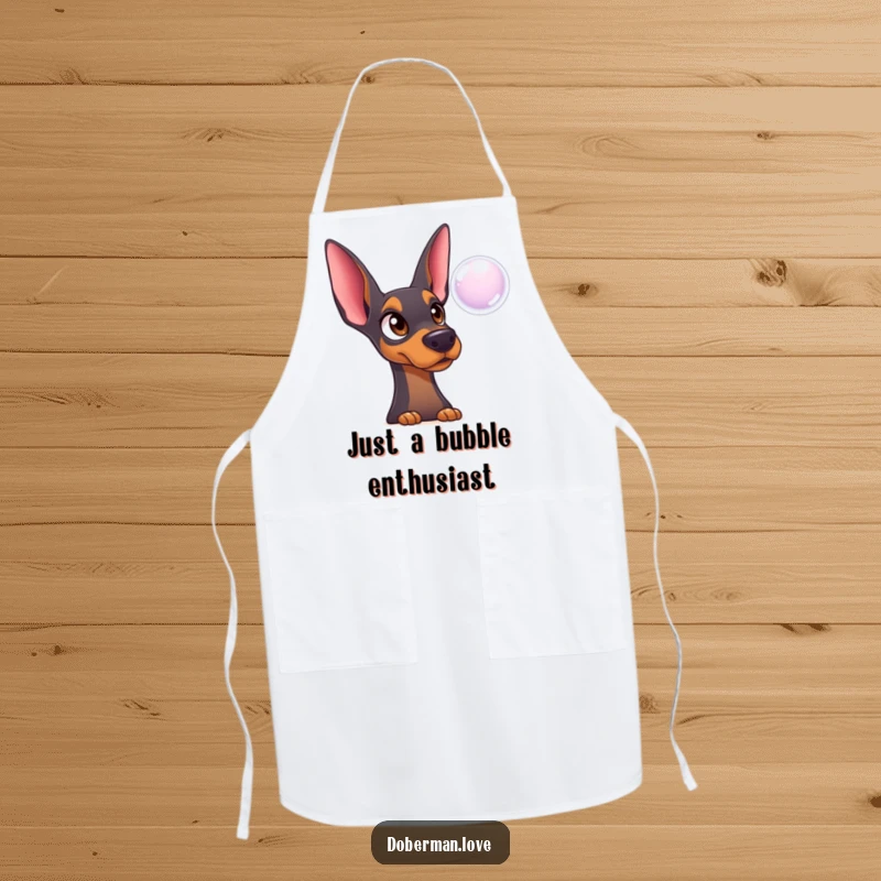 Funny Doberman Apron: Surprised innocent dog watching a bubble, a humorous and functional kitchen accessory.