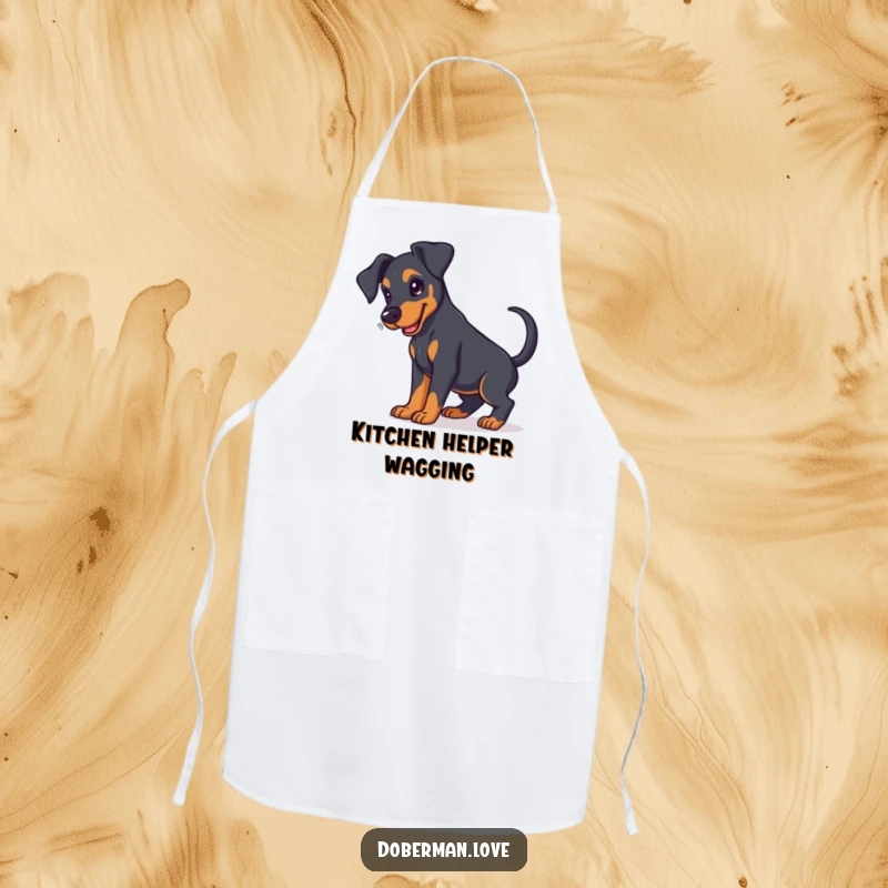 Funny Doberman puppy apron with floppy ears, designed for pet lovers who enjoy a touch of canine cuteness.