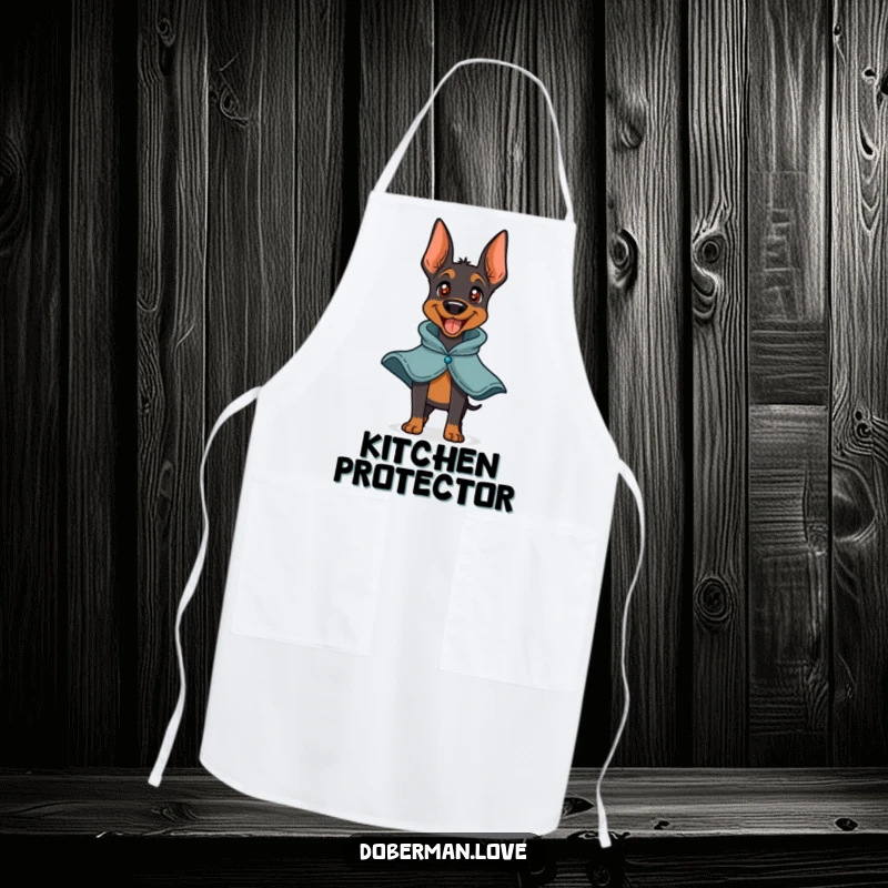 Funny Doberman Hero Apron showcasing a playful doberman barking happily with a small cape. Practical kitchen wear with a humorous and heroic dog theme.