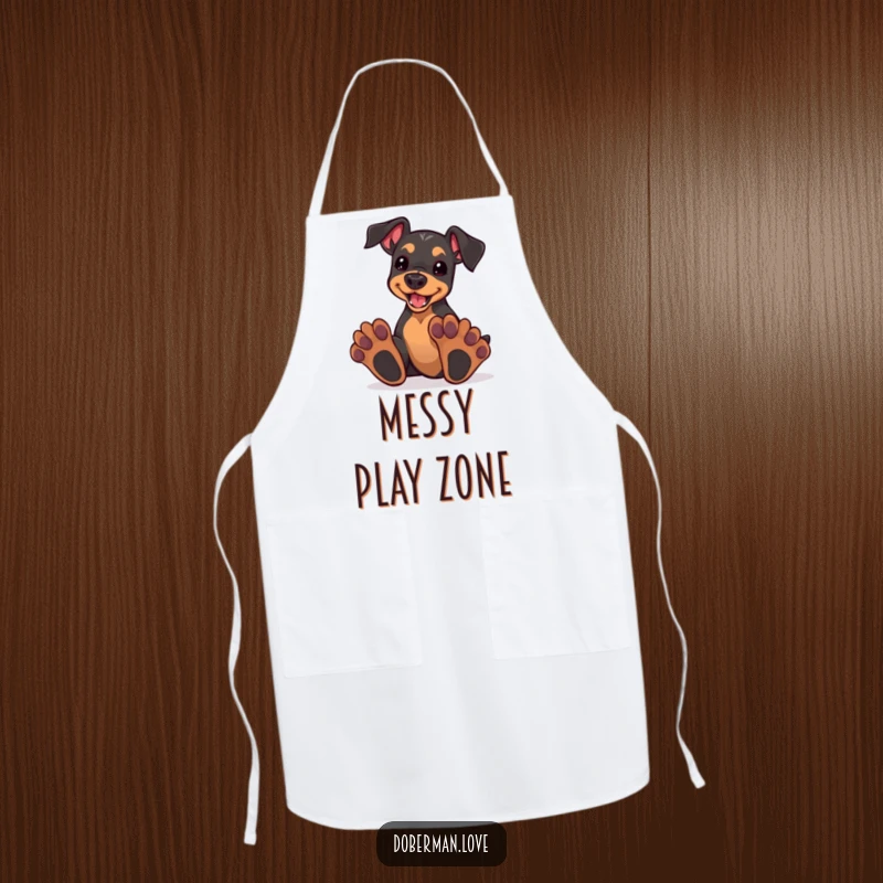 Funny kawaii doberman puppy with oversized paws, enthusiastically playing, on a functional and adorable kitchen apron.