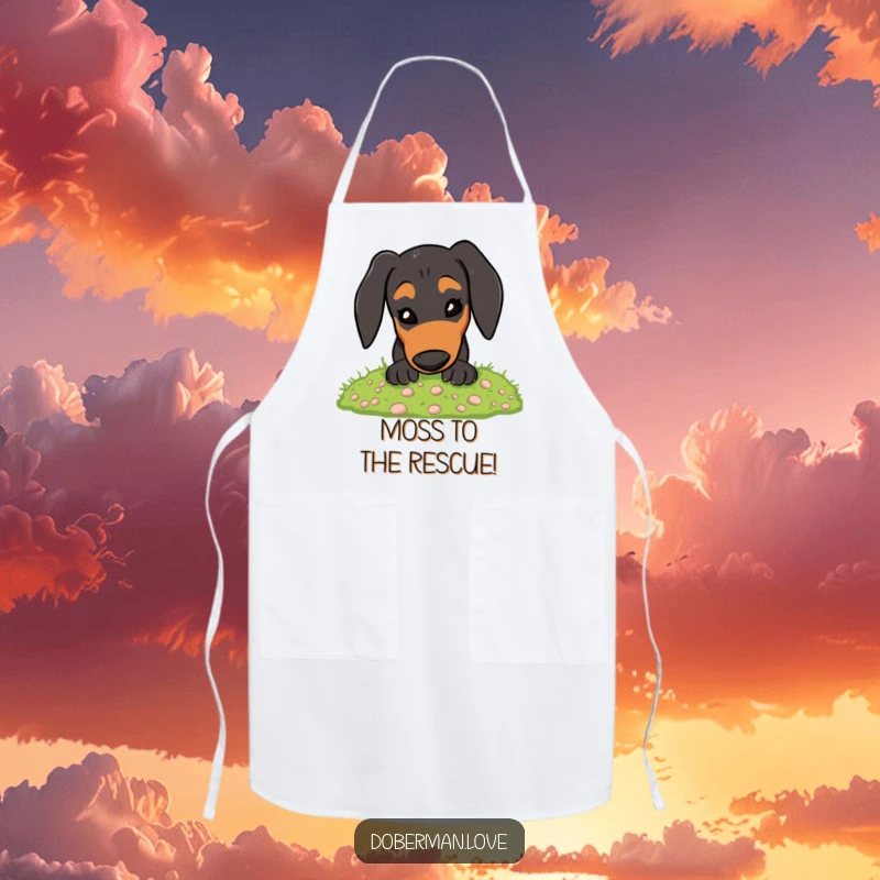 Funny Doberman Apron: Energetic dog digging in moss, a humorous and functional kitchen accessory.