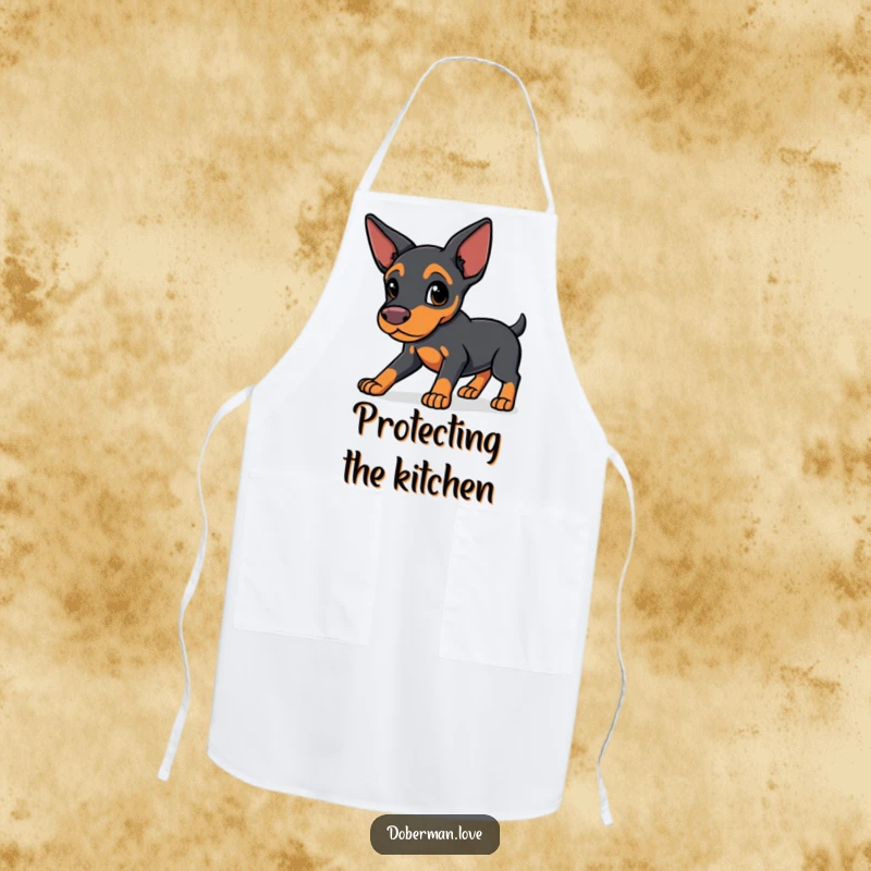 Funny Protective Doberman Apron: a sleek-eared kawaii dog in a protective stance, ready to guard against kitchen messes.
