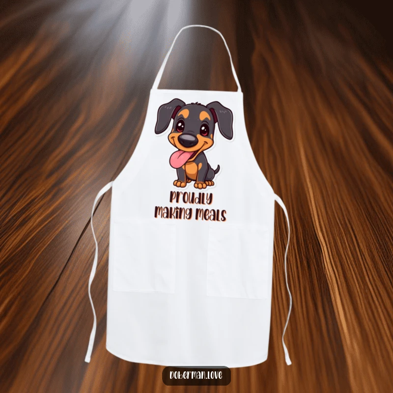 Funny joyful Doberman apron showing a happy panting dog in a proud stance, a humorous addition for the kitchen.