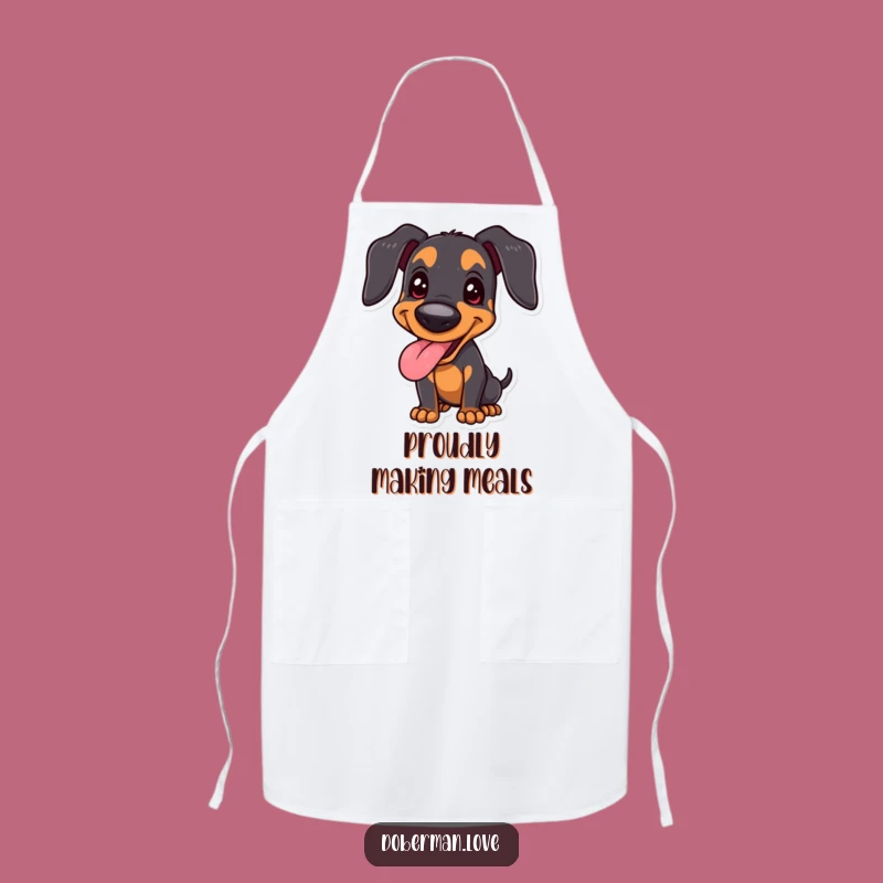 Funny Joyful Doberman Apron, Happy Panting Chef Dog, Proud Stance - Kitchen Joy