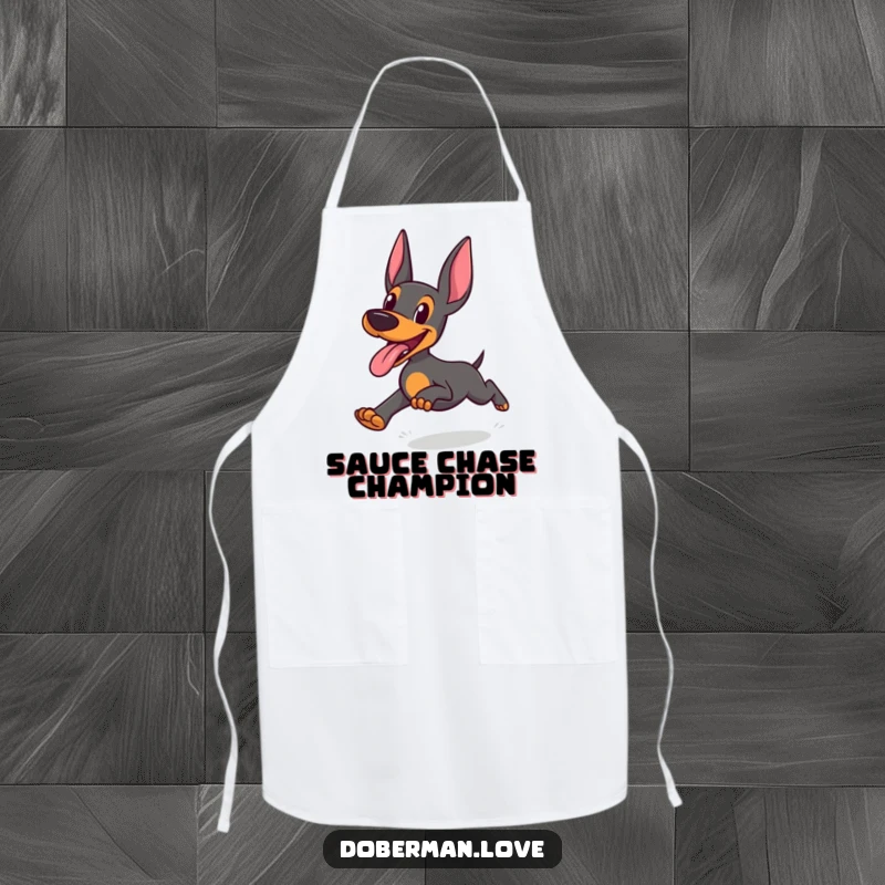 Funny Doberman Apron: Doberman running with tongue out in joyful abandon, humorous and practical kitchen wear.