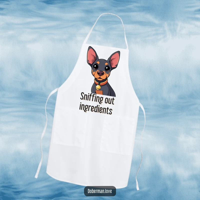 Funny Kawaii Doberman Apron featuring a curious dog with a tiny bell collar, for humorous kitchen wear.