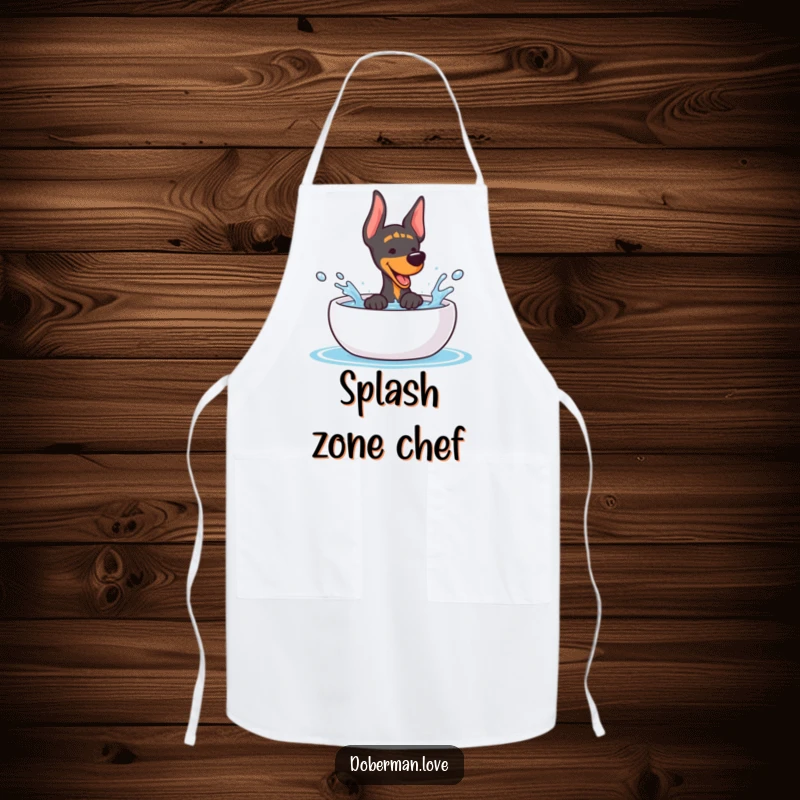 Funny Doberman Apron: Adorable kawaii dog splashing water, a humorous addition to any kitchen.